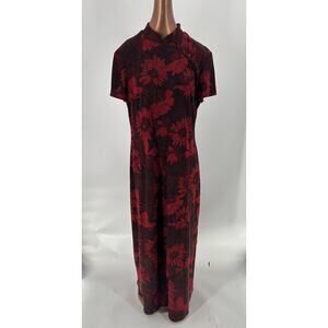 Vintage CDC Dress Womens 16 Red Black Floral 90s Maxi Mandarin Collar Metallic